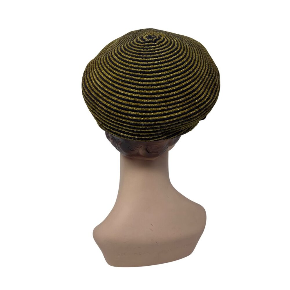 Vintage 50s Newsboy Hat Womens Striped Yellow Brown Knit Beret Cap - Picture 5 of 12